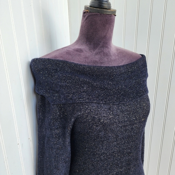 CACHE Womens NAVY GOLD OFF THE SHOULDER SOFT TUNIC TOP SWEATER Nylon Stretch M - Picture 3 of 12